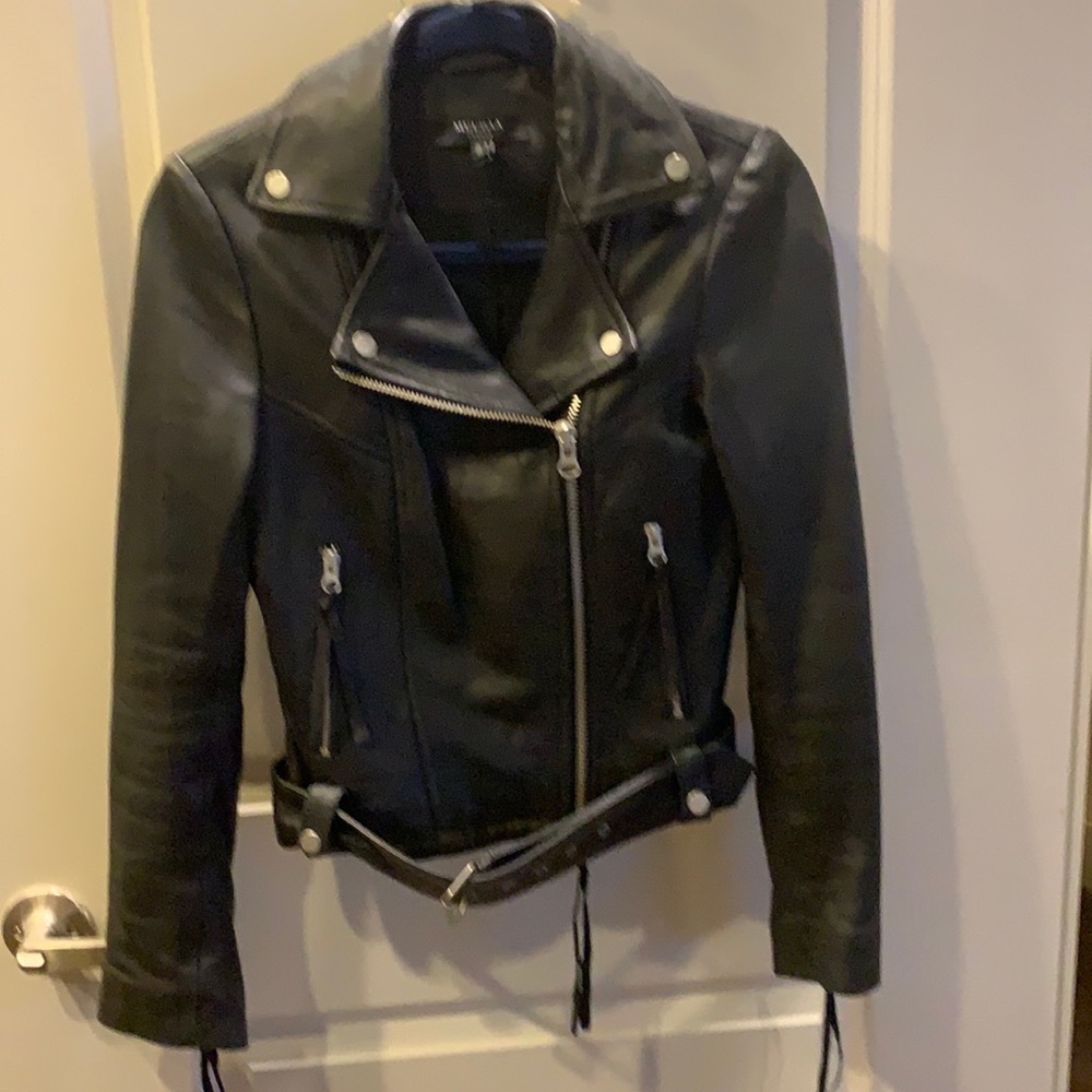 Muubaa Black Leather Biker Jacket with Belt and accent Fringe EUC